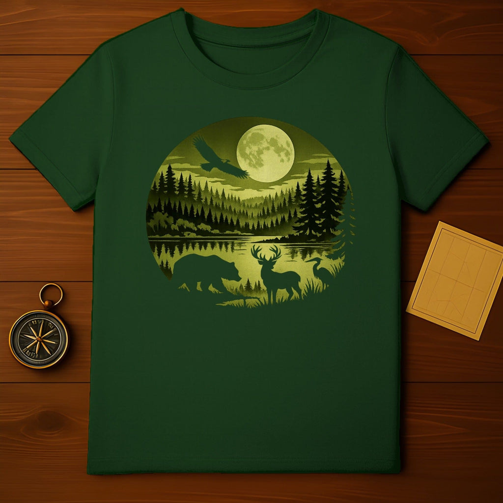 Full Moon Wildlife Scene Forest Green T-Shirt