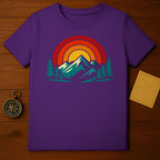Vibrant Mountain Sunset Design T-shirt with Trees Scene