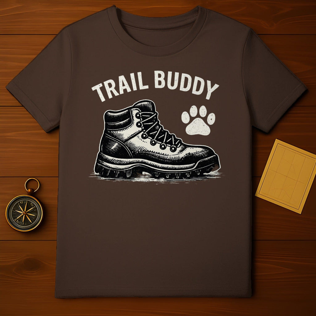 TRAIL BUDDY Hiking Boot Paw Print Outdoor Adventure T-Shirt product type