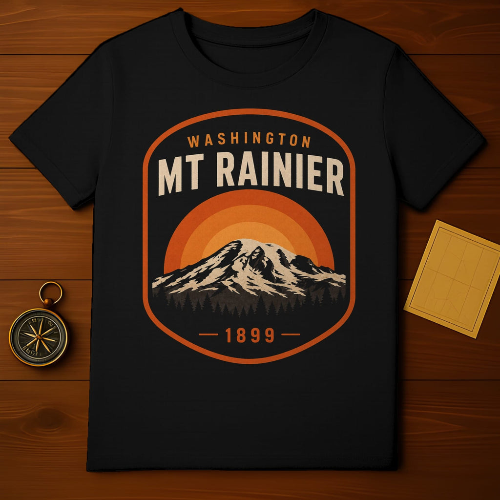 Black t-shirt with Mt. Rainier graphic, Washington, 1899.
