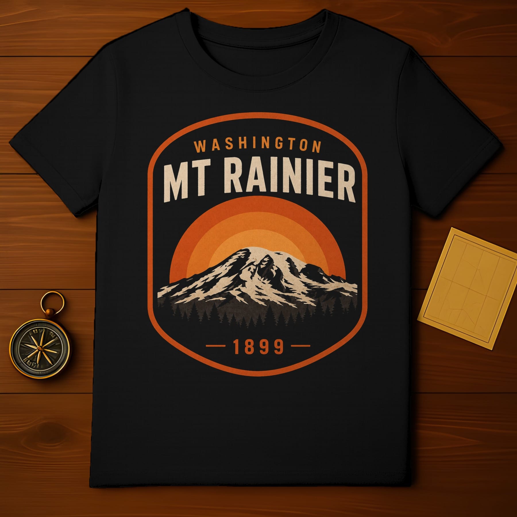 Black t-shirt with Mt. Rainier graphic, Washington, 1899.