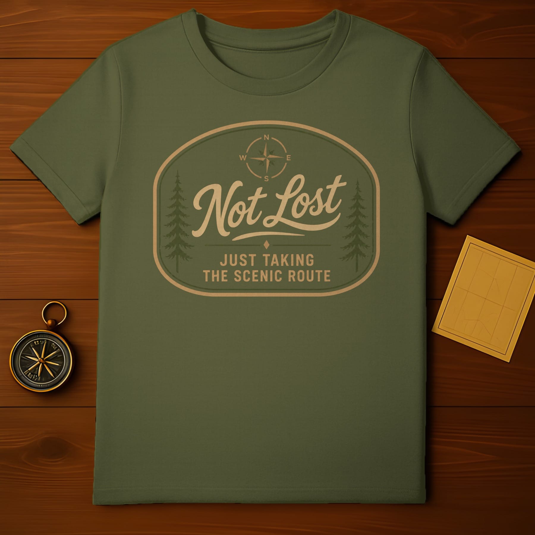 Olive green t-shirt with "Not Lost Just Taking The Scenic Route" text and compass graphic.