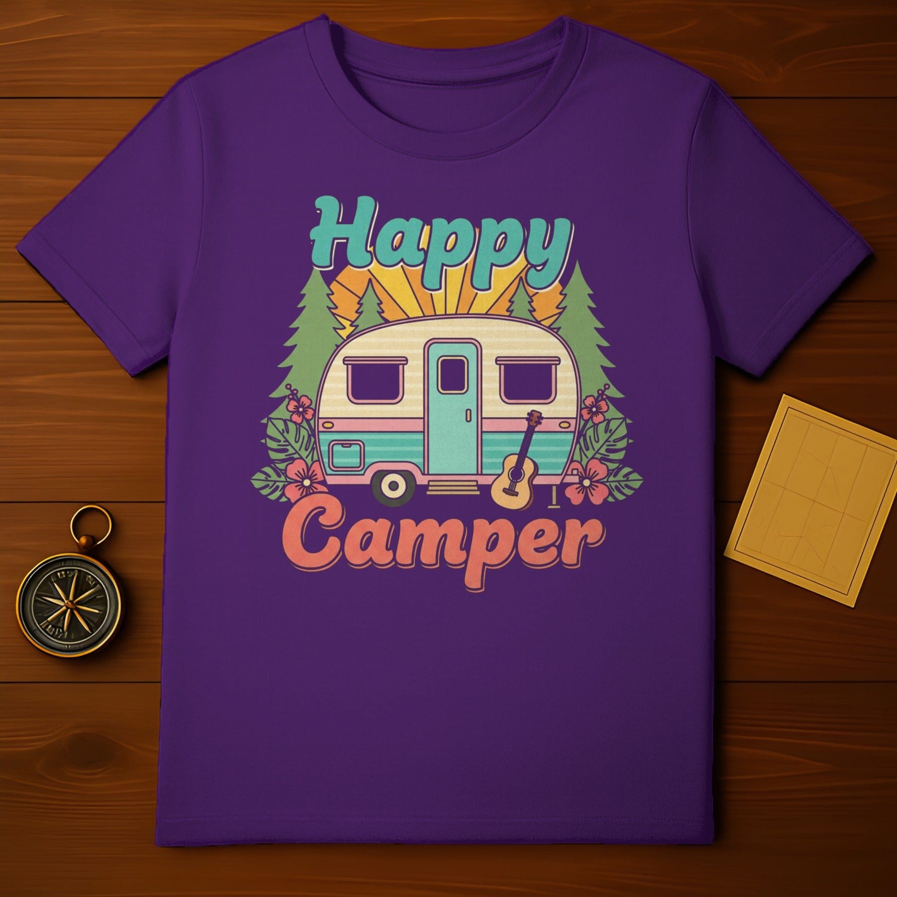 Happy Camper Graphic Tee with Retro Caravan Design