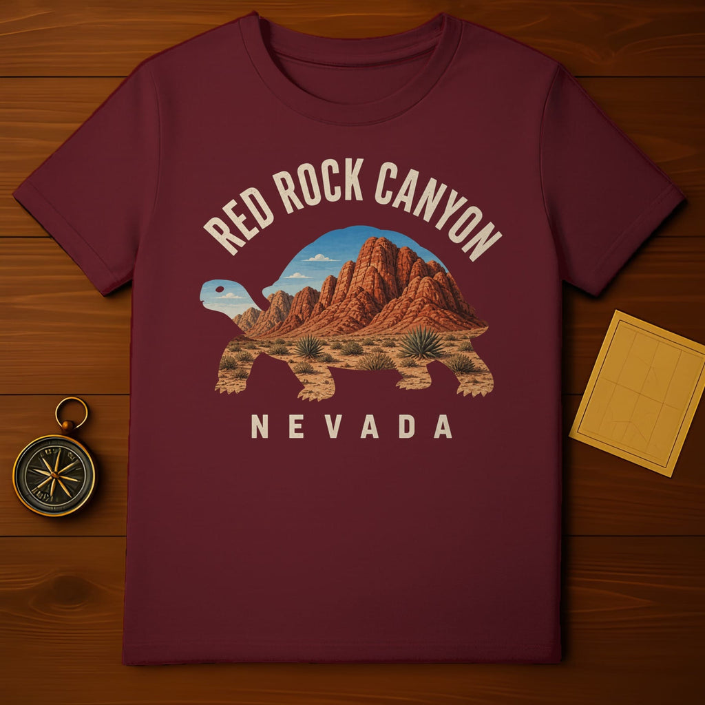 Maroon t-shirt with Red Rock Canyon, Nevada graphic featuring a tortoise and desert landscape.