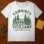 White t-shirt with "GAMBINI'S YUTE CAMP" and trees/tent graphic.