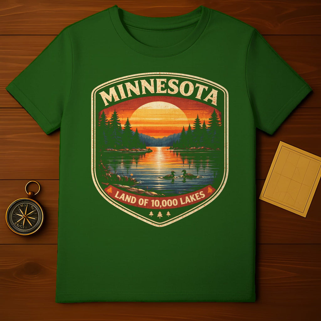 Green t-shirt with Minnesota Land of 10,000 Lakes sunset graphic.