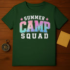 Dark green t-shirt with "Summer Camp Squad" text in colorful block letters.