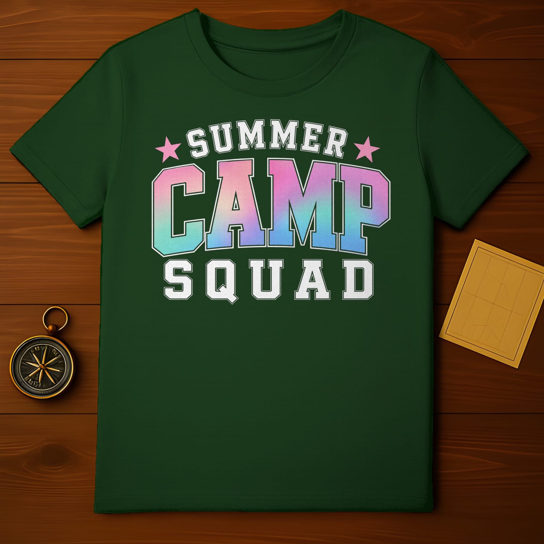 Dark green t-shirt with "Summer Camp Squad" text in colorful block letters.