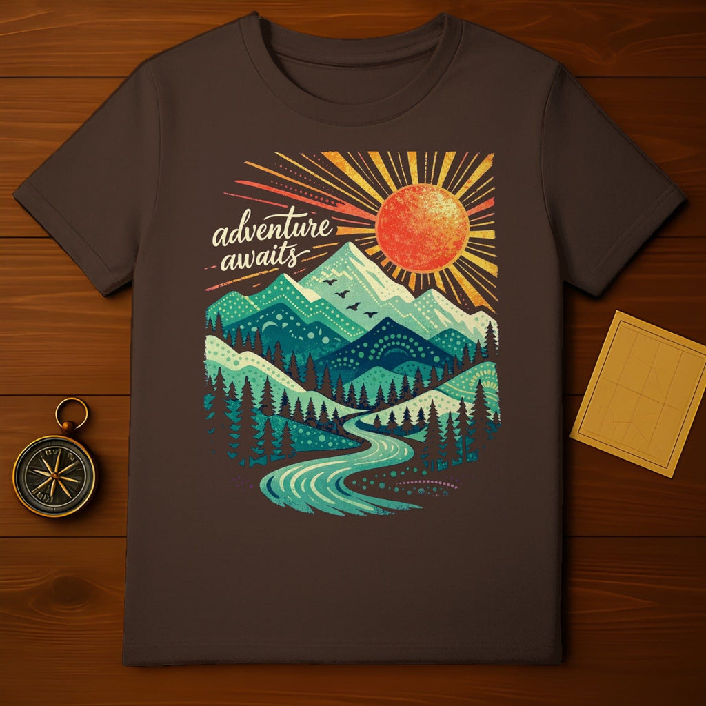 Adventure Awaits Mountain and Sun Graphic T-Shirt