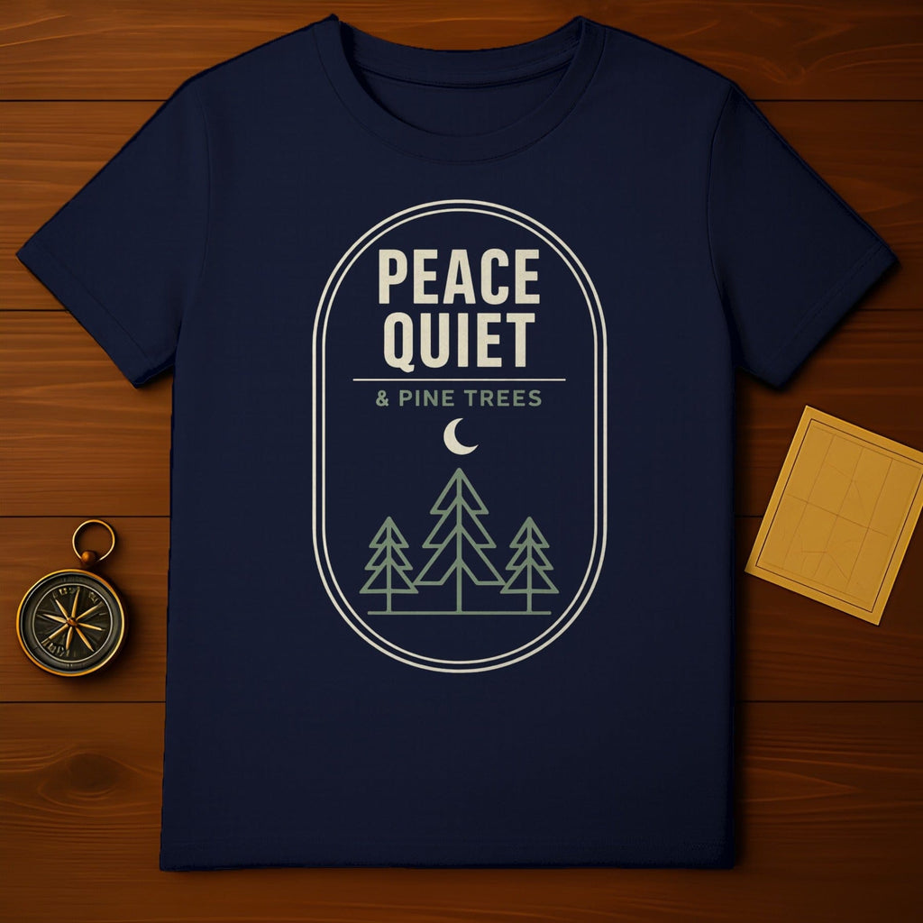 Peace Quiet & Pine Trees Moon Forest Night Sky product type
Peace design
Quiet theme
Pine trees graphic
Forest artwork
Moon crescent
Night sky print
Outdoor adventure
Camping lover
Nature exploration
Woodland scenery
Mountain landscape
Serene illustration
Tranquility design
Evergreen forest
Celestial motif
Navy blue shirt
Minimalist style
Graphic t-shirt
Outdoorsy aesthetic
Abstract trees