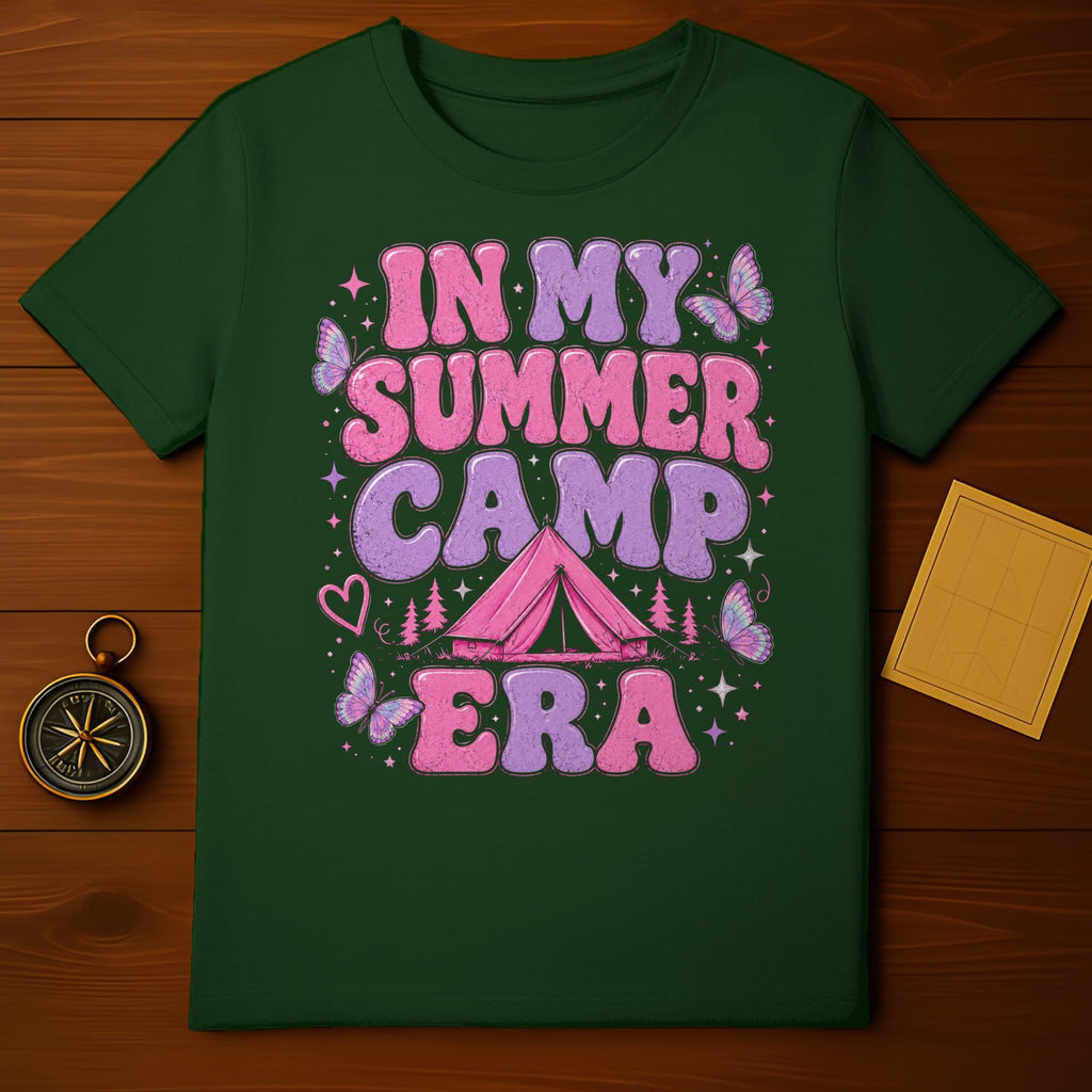 Green t-shirt with "In My Summer Camp Era" text and camping graphics.