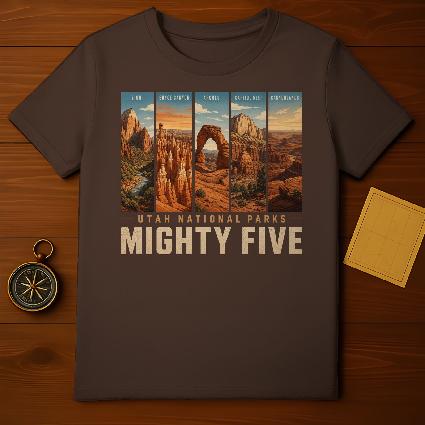 T-shirt featuring Utah National Parks "Mighty Five" collage with Delicate Arch.