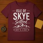 Maroon t-shirt with "Isle of Skye, Scotland" and coordinates.