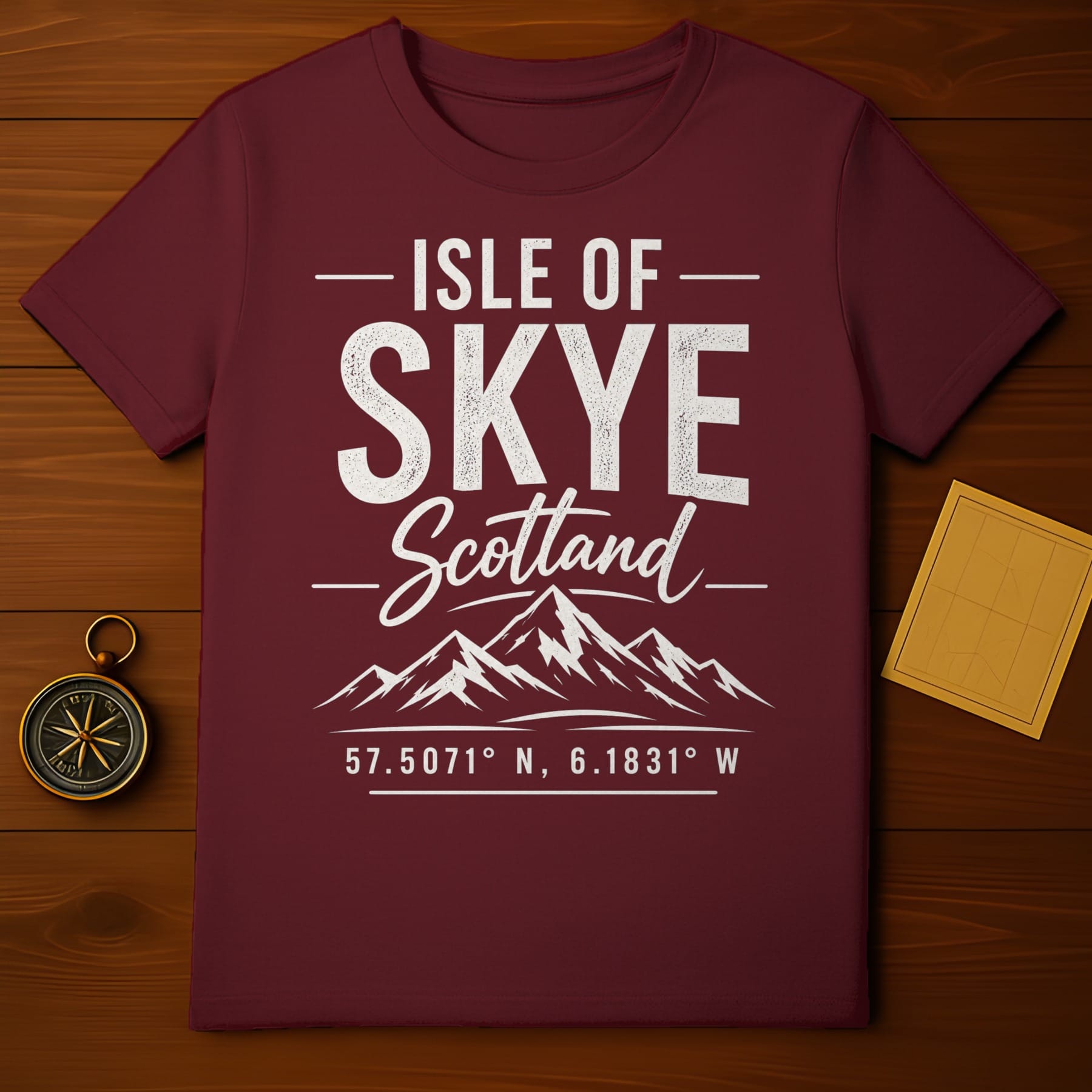 Maroon t-shirt with "Isle of Skye, Scotland" and coordinates.