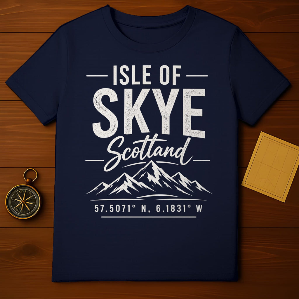 Navy t-shirt with "Isle of Skye Scotland" text and mountain graphic.