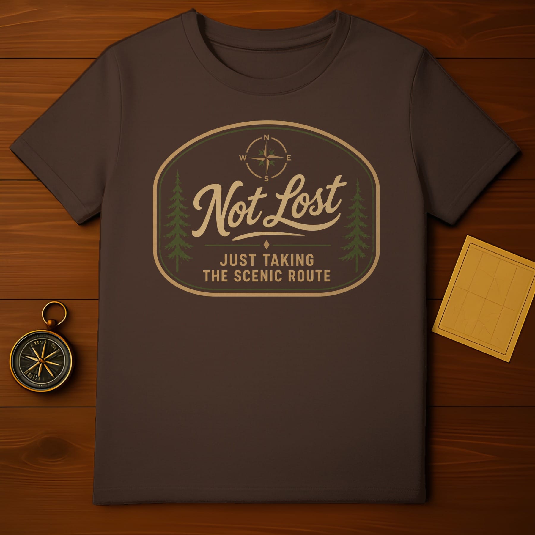 Brown t-shirt with "Not Lost Just Taking The Scenic Route" and compass design.