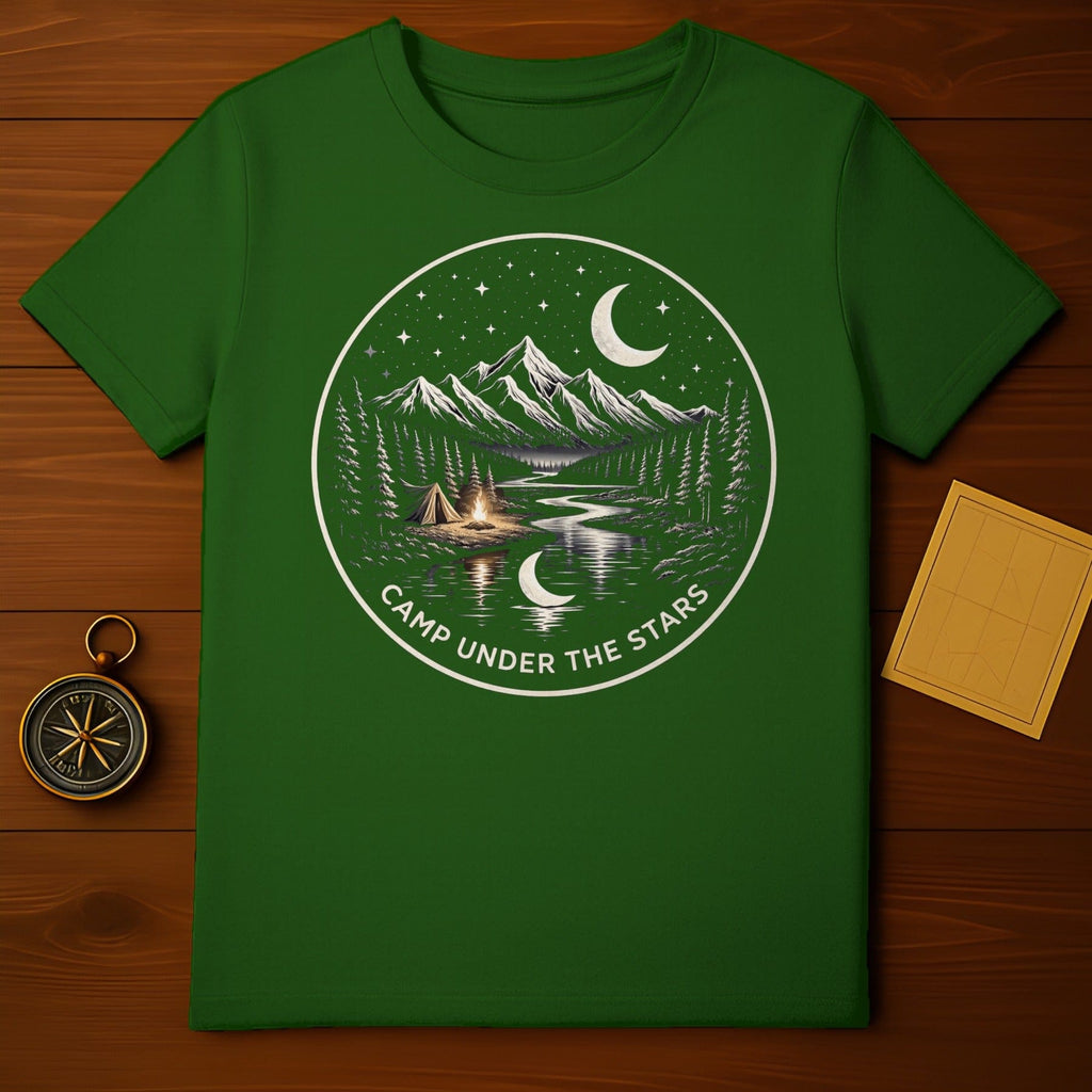 Camp Under The Stars Mountain Landscape Night Sky product type
Camping, Stars, Mountains, Forest, Night Sky, Adventure, Outdoors, Nature, Landscape, Wilderness, Moon, Tent, Campfire, River, Celestial, Cosmic, Explore, Travel, Green Tee, Graphic Tee