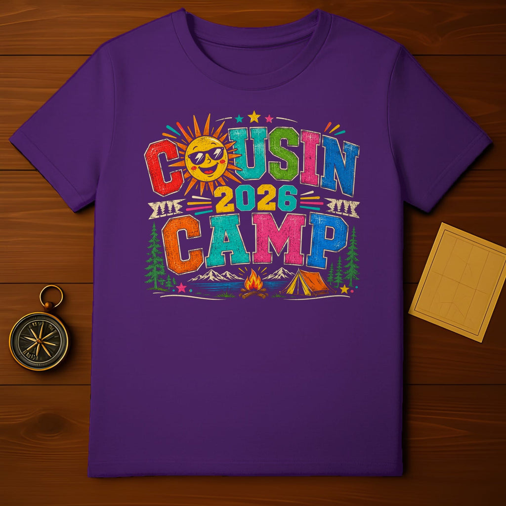 Purple t-shirt with "Cousin Camp 2026" graphic and camping scene.