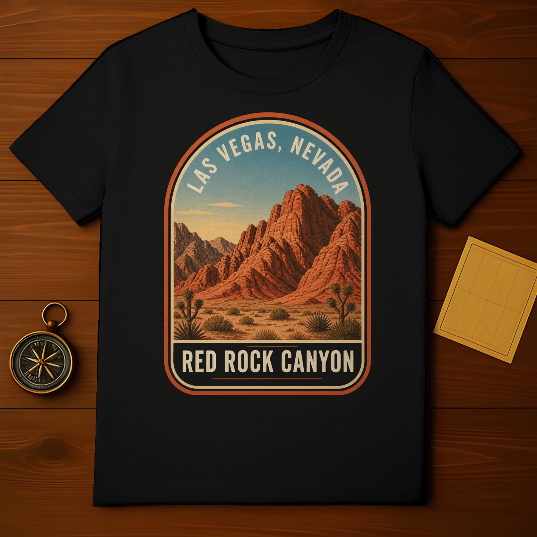 Black t-shirt with a vintage Las Vegas, Nevada Red Rock Canyon graphic.