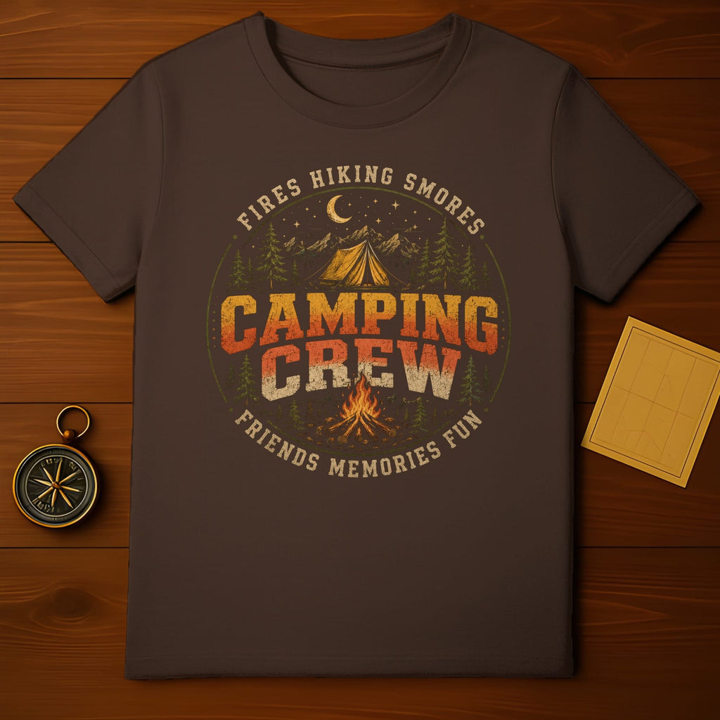 Brown t-shirt with "Camping Crew" graphic featuring tent, campfire, and text.