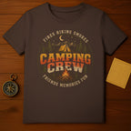Brown t-shirt with "Camping Crew" graphic featuring tent, campfire, and text.