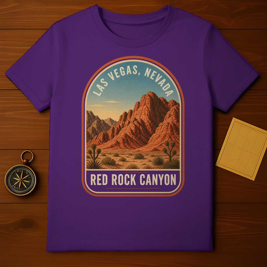 Purple t-shirt with Red Rock Canyon, Las Vegas, Nevada graphic.
