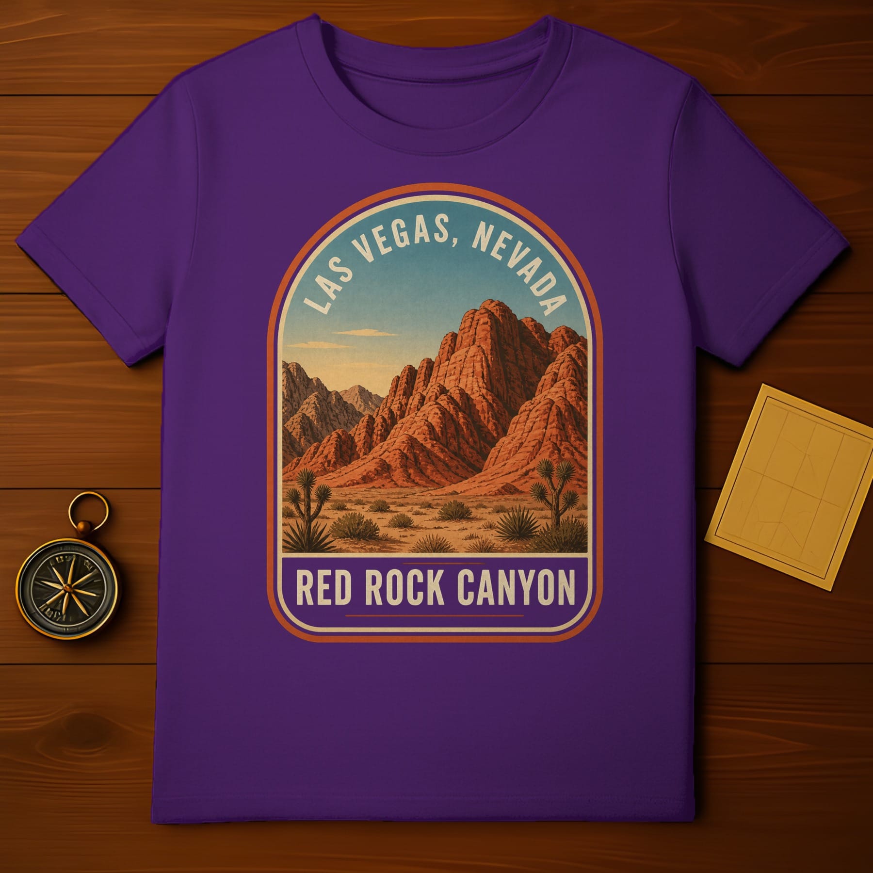 Purple t-shirt with Red Rock Canyon, Las Vegas, Nevada graphic.