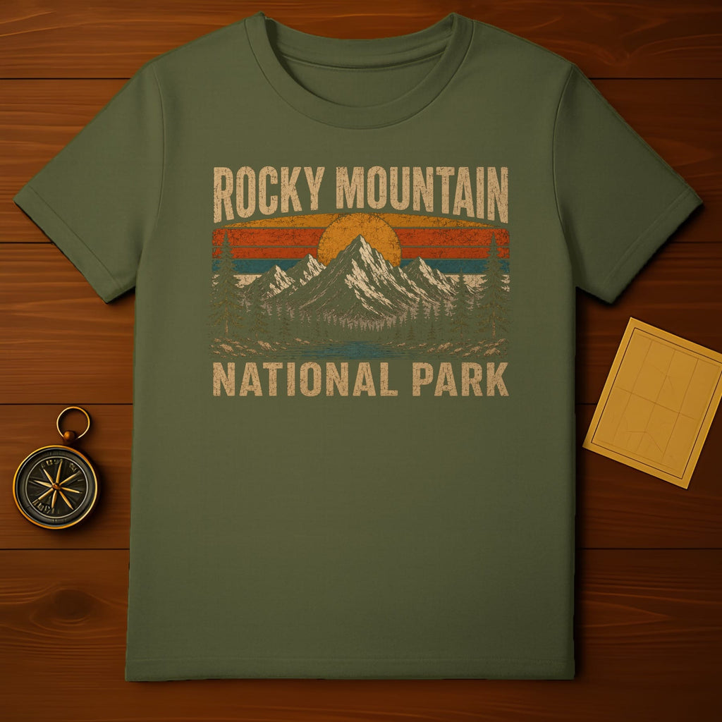 Green t-shirt with "Rocky Mountain National Park" text and vintage mountain graphic.