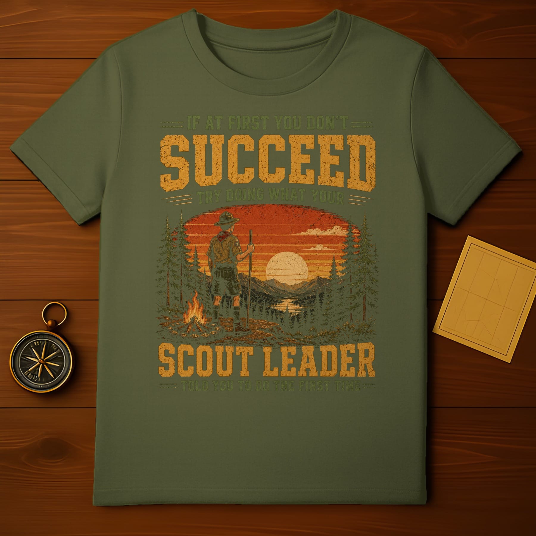 Green t-shirt with "Scout Leader" and camping graphic.