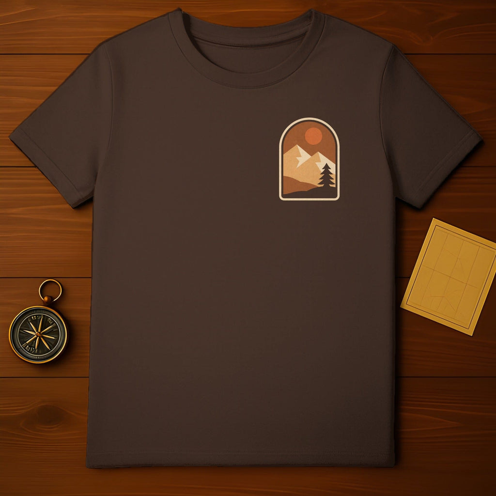 Vintage Mountain Sun Tree Landscape Graphic Dark Brown T-Shirt