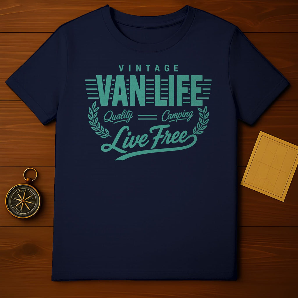 Dark navy t-shirt with "Vintage Van Life Live Free" text and laurel design.