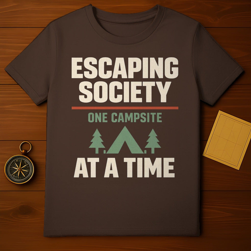 ESCAPING SOCIETY ONE CAMPSITE AT A TIME product type
Escaping Society, Camping, Outdoor, Adventure, Nature, Campsite, Wilderness, Forest, Tent, Pine Trees, Hiking, Camp Life, Explorer, Wanderlust, Freedom, Solitude, Graphic Tee, Outdoorsy, Camping Lover, Unique Design