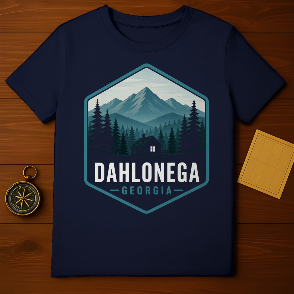 Dahlonega Georgia landscape t-shirt design with mountains and trees.