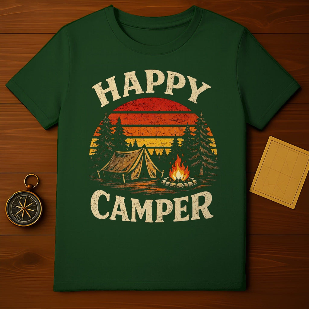 Retro Happy Camper Shirt with Tent and Campfire Design