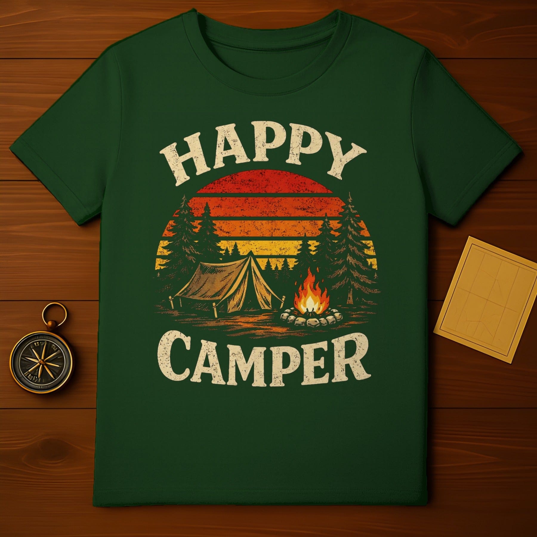 Retro Happy Camper Shirt with Tent and Campfire Design