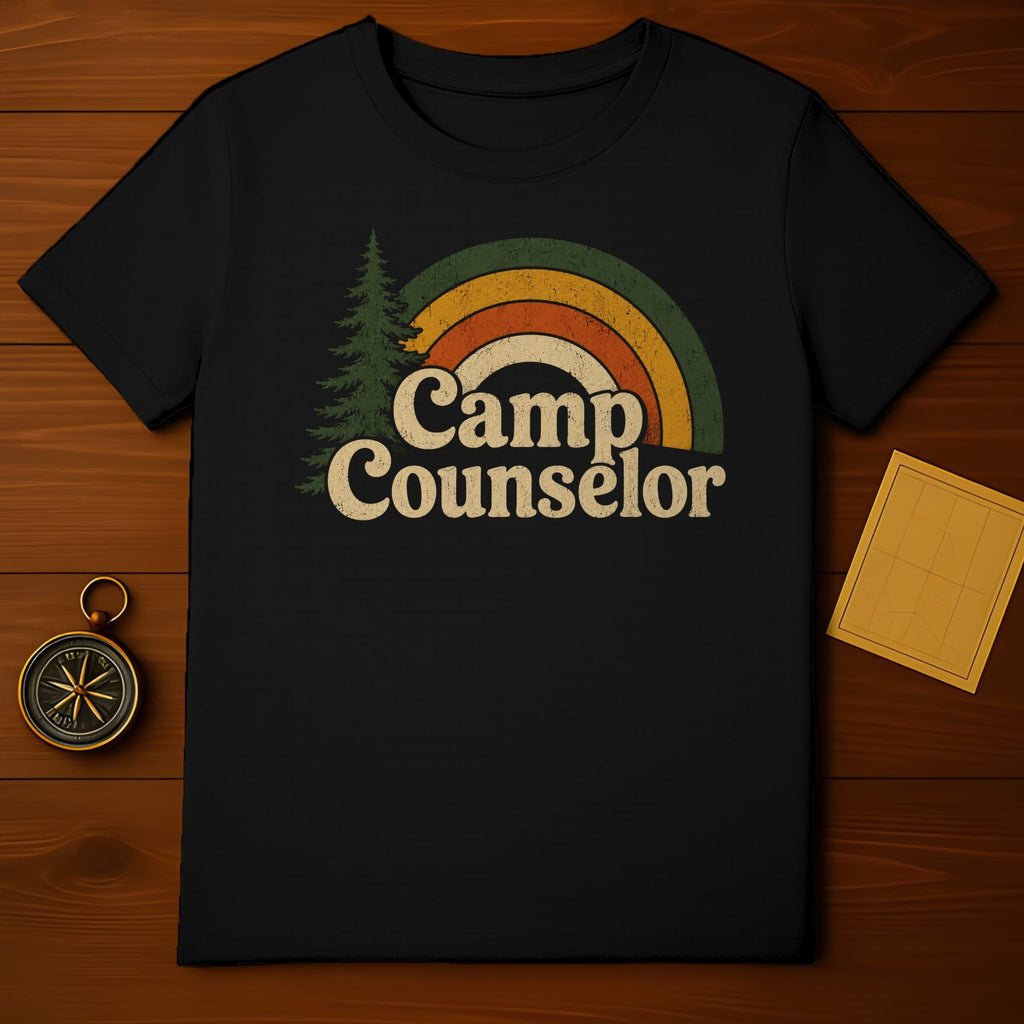 Black t-shirt with "Camp Counselor" text and retro rainbow graphic.