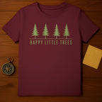 Maroon t-shirt with "Happy Little Trees" text and four pine trees.