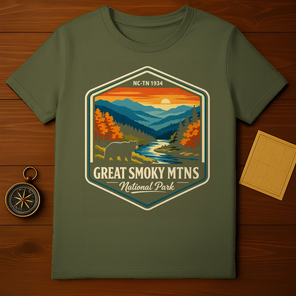 GREAT SMOKY MTNS National Park NC-TN 1934 product type
Great Smoky Mountains
National Park
Smoky Mountains
Bear graphic
Nature scene
Mountain landscape
River design
Outdoor adventure
Forest trees
Sunset design
Vintage park
Retro park
NC TN 1934
Wildlife bear
Travel souvenir
Hiking exploration
Campground style
Park emblem
Green shirt
Outdoors theme