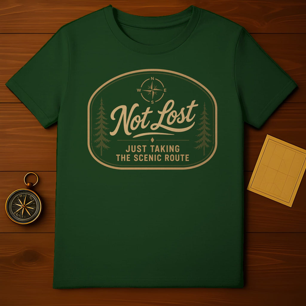 Green t-shirt with oval emblem reading "Not Lost Just Taking The Scenic Route".