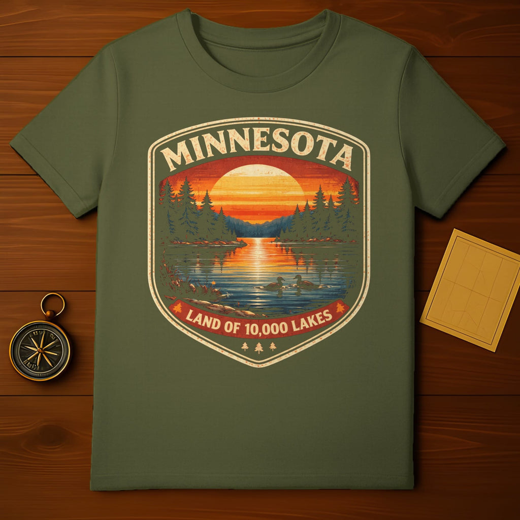 Green t-shirt with sunset over lake design, "Minnesota Land of 10,000 Lakes."