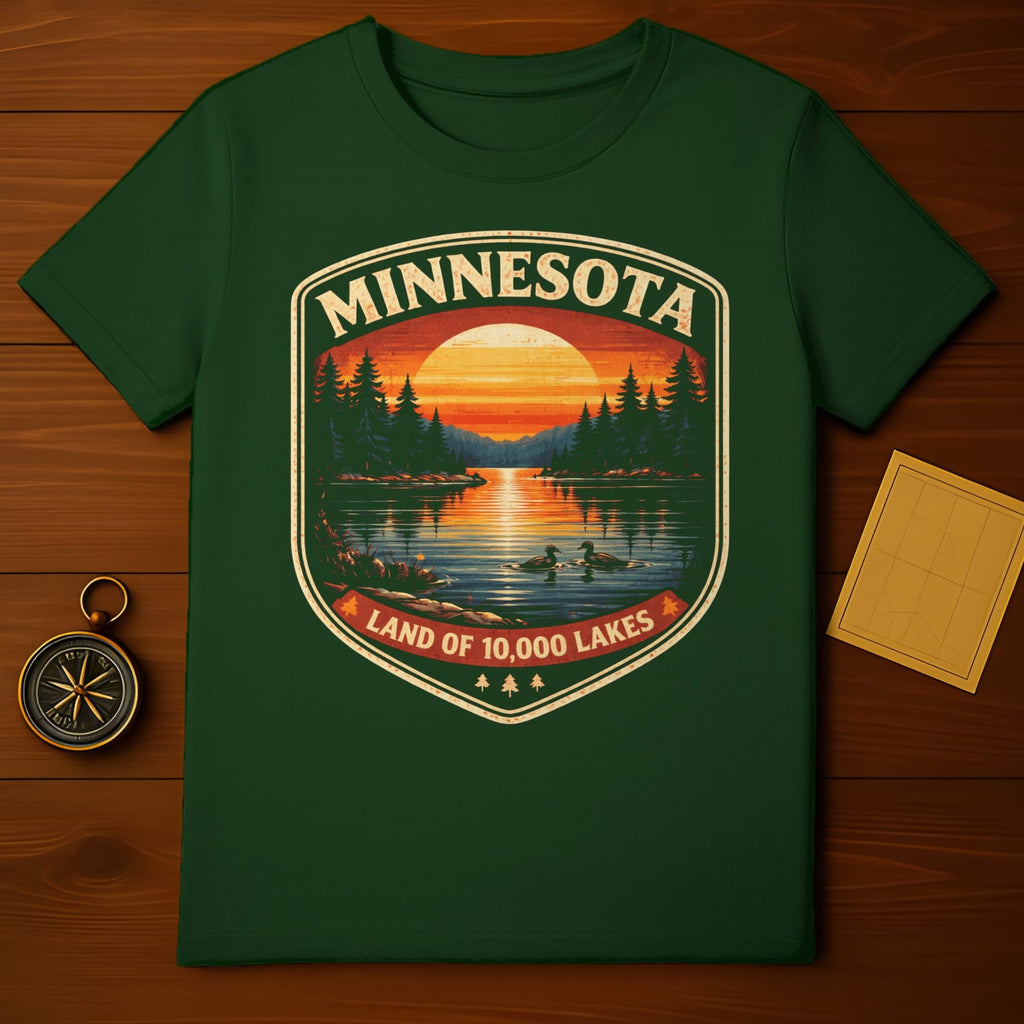 Green t-shirt featuring a sunset over a lake with two ducks, forest, and "Minnesota Land of 10,000 Lakes" text.