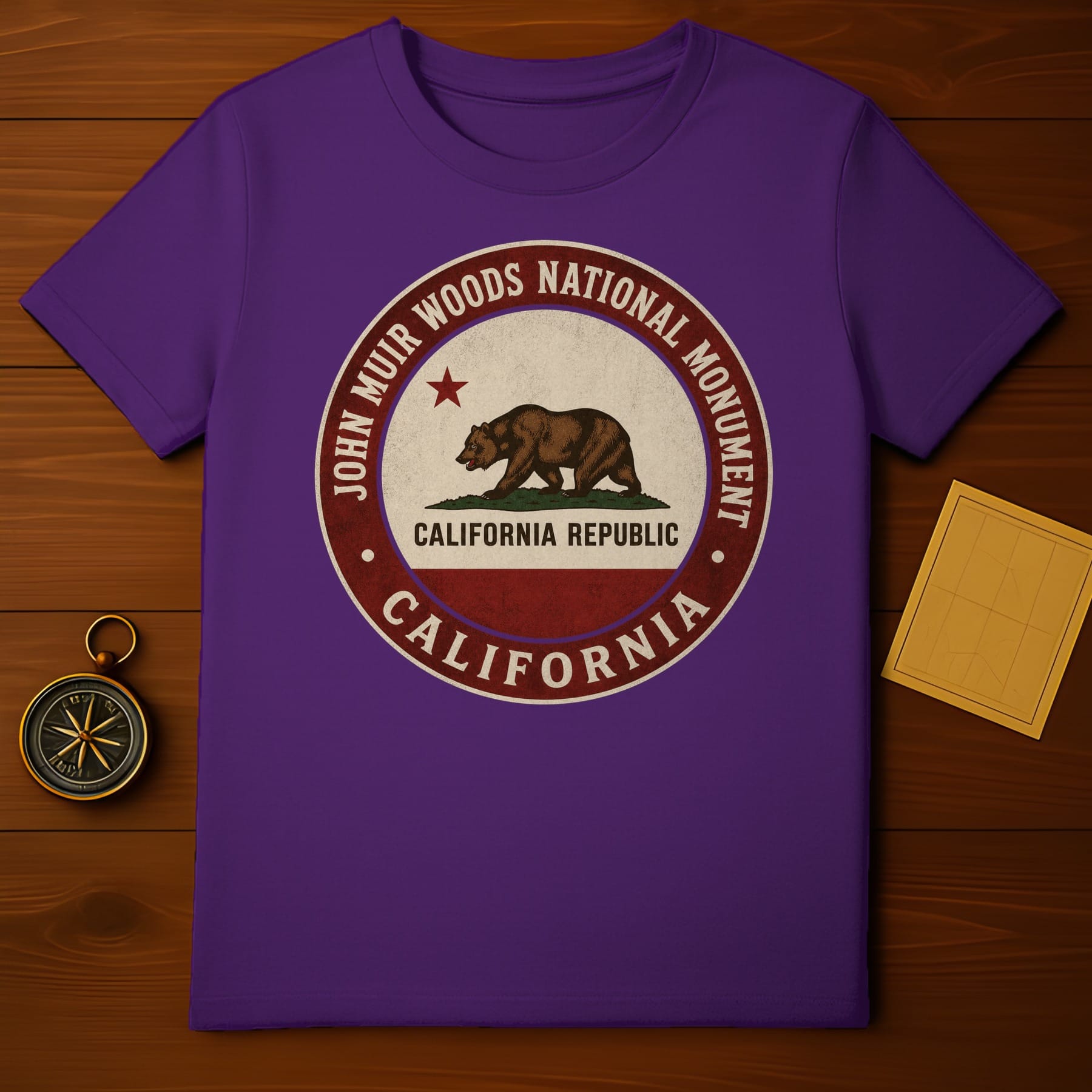 Purple t-shirt with John Muir National Monument California Republic circular logo.