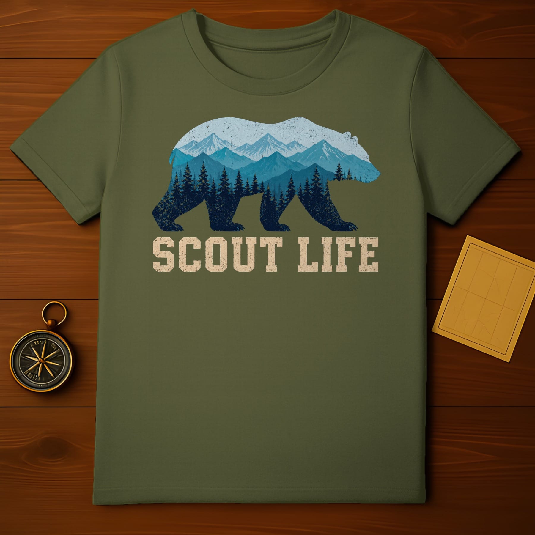 Olive green t-shirt with a bear silhouette filled with mountains and trees, reads "Scout Life".