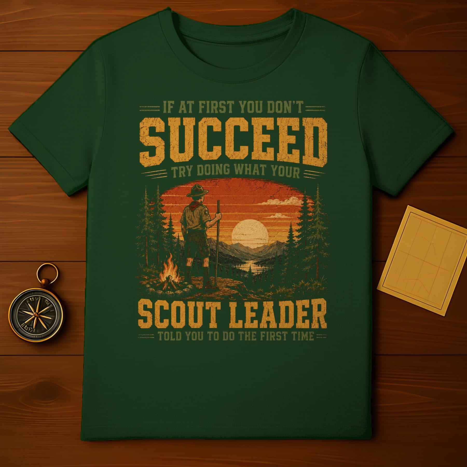 Green t-shirt with Scout Leader graphic and inspirational text.