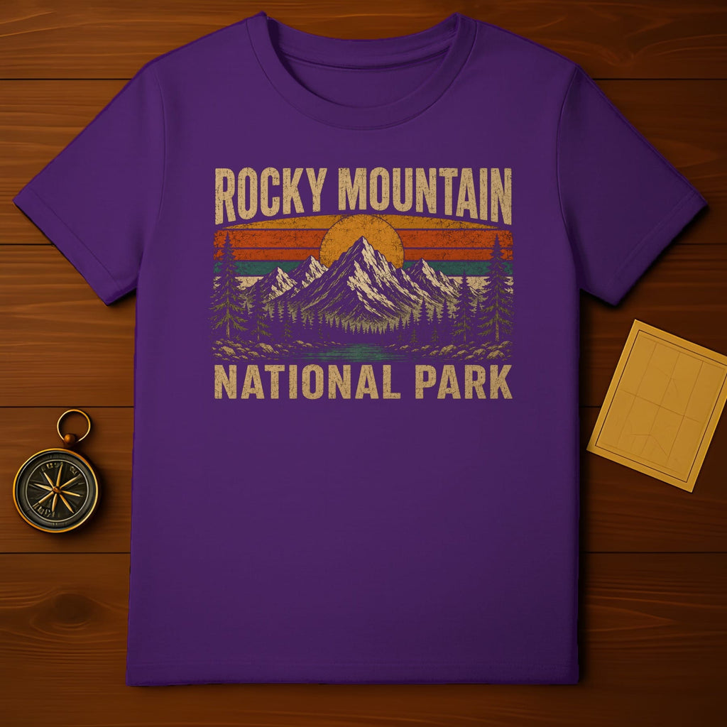 Purple t-shirt with vintage Rocky Mountain National Park graphic.