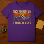 Purple t-shirt with vintage Rocky Mountain National Park graphic.