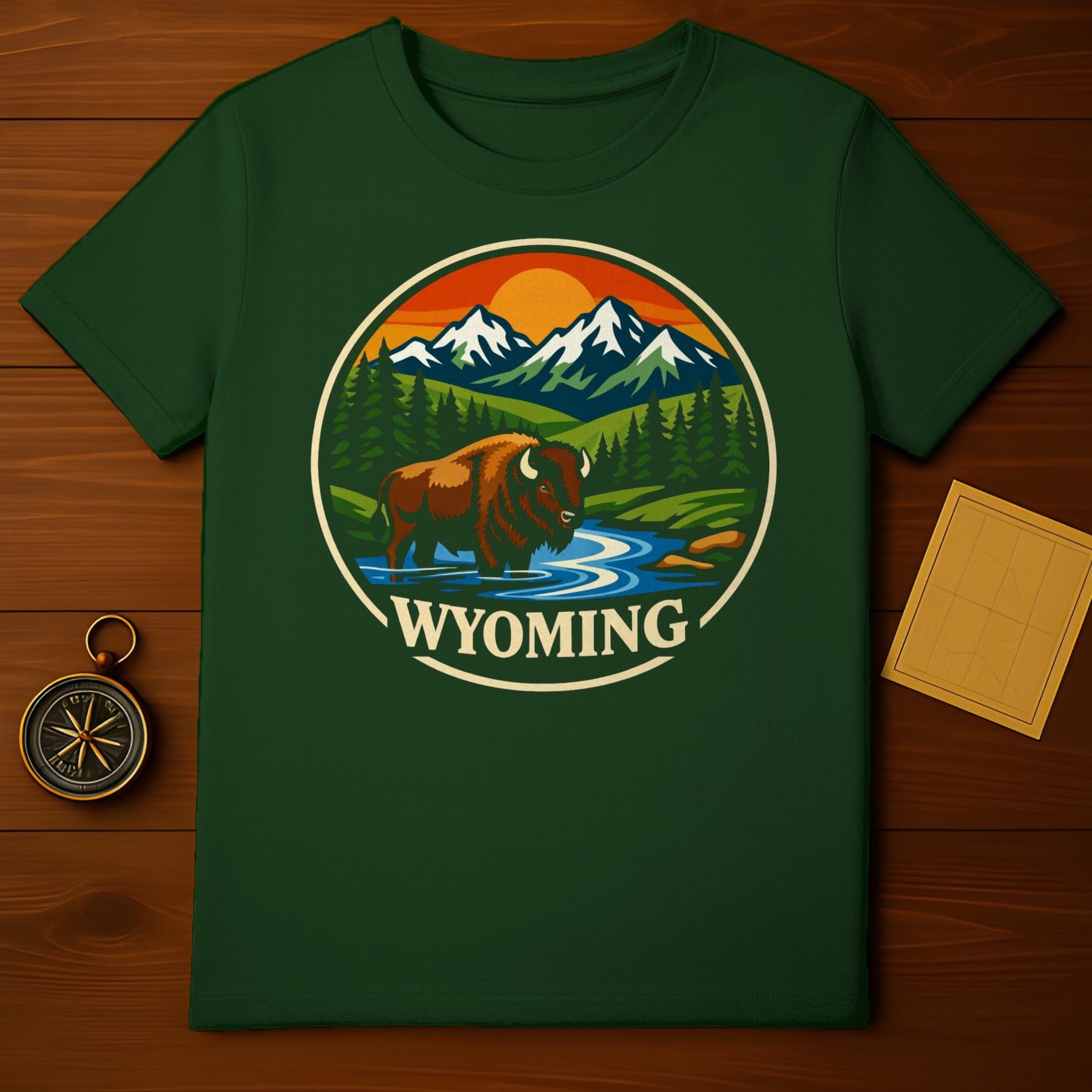 Wyoming Bison Mountains Sun Trees River Scenic product type