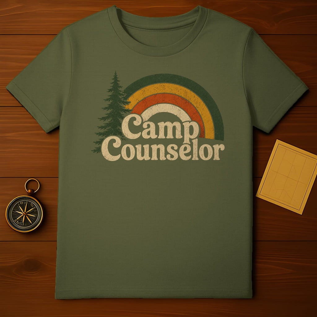 Olive green t-shirt with vintage "Camp Counselor" text and distressed rainbow graphic.