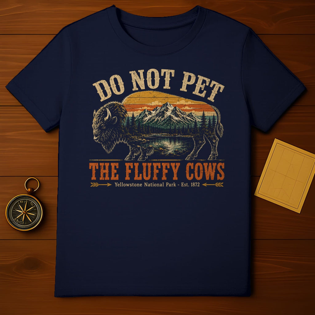 Navy t-shirt with a vintage bison graphic and text "DO NOT PET THE FLUFFY COWS"