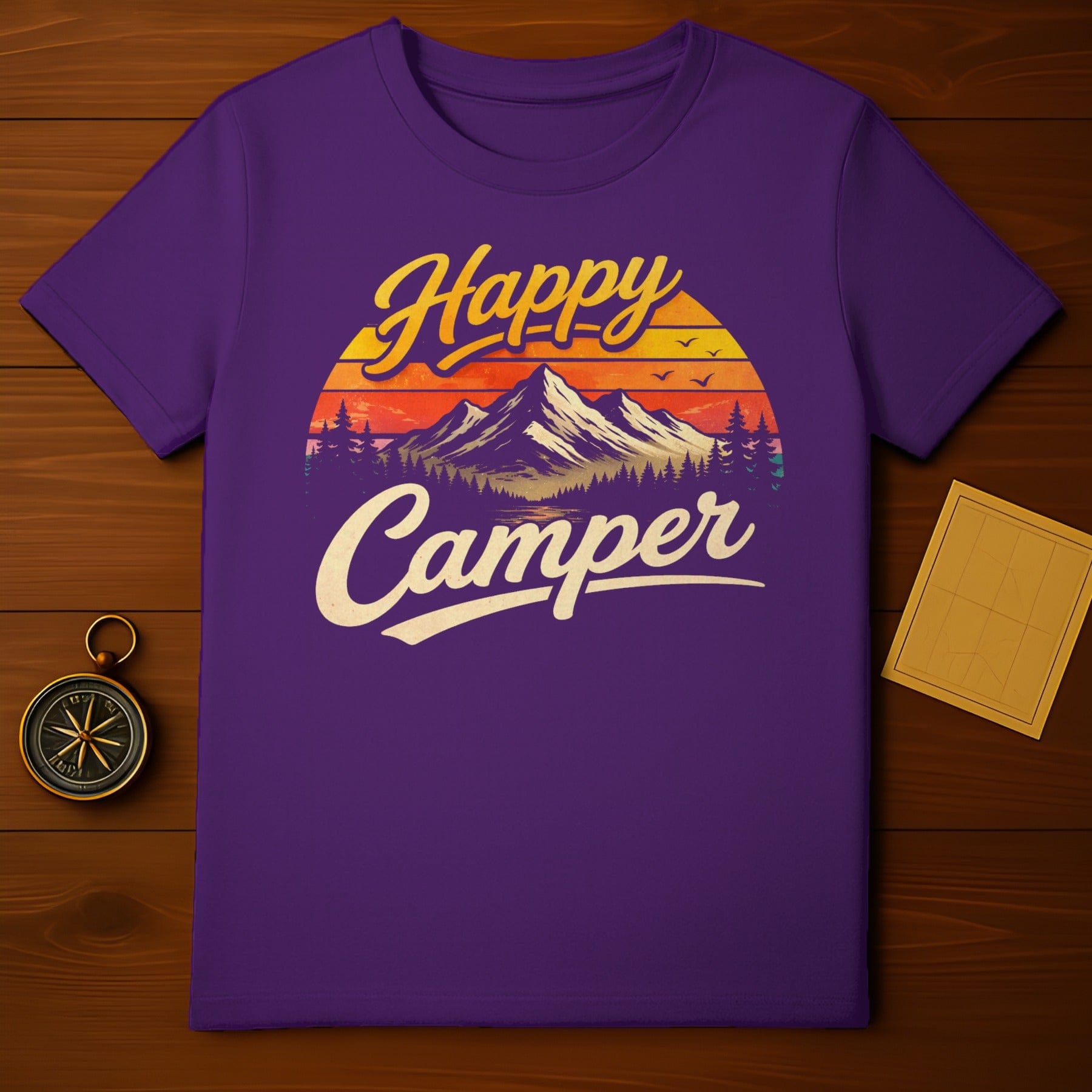 Happy Camper Mountain Sunset Design T-Shirt